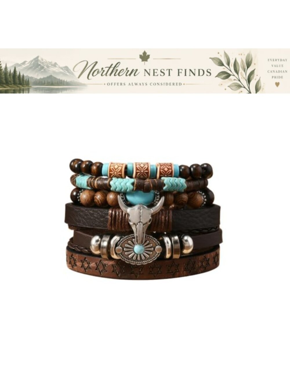 Western Boho Layered Bracelet Set PU Leather Beaded Charm Stackable Country